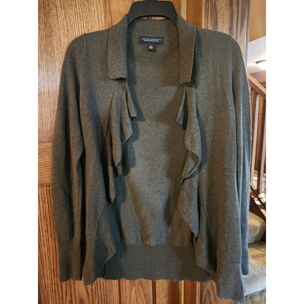 Banana Republic Wool Cashmere Cardigan Sweater Womens‎ S Open Ruffle Olive Green